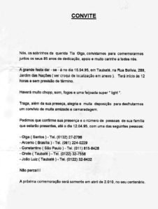 Convite informal, distribuído em família, para a festa de aniversário comemorativa dos 85 anos de OLGA.